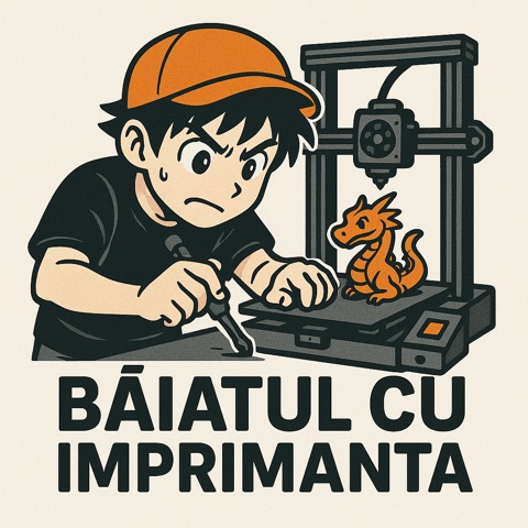 Logo Băiatul cu Imprimanta: un băiat cu șapcă portocalie lângă o imprimantă 3D